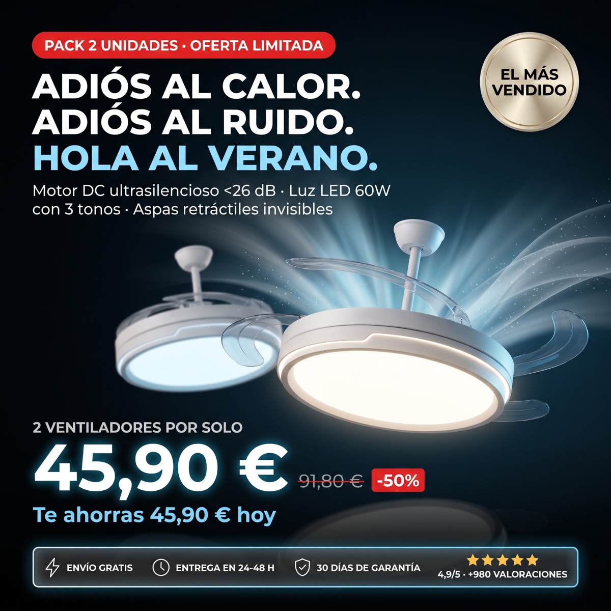 Pack 2 Ventiladores de Techo Silenciosos LED 60W — oferta
